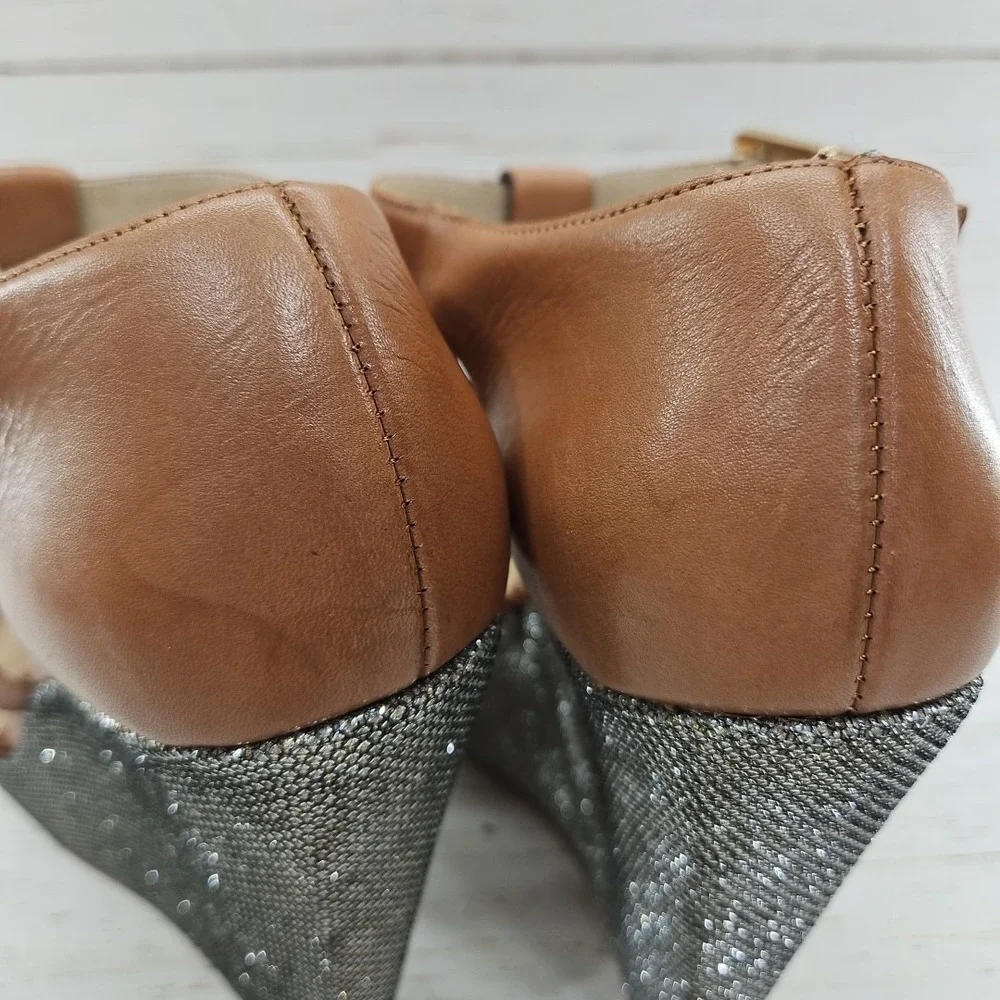 Michael Kors Faye Wedge Size‎ 10 Tan Gold Sparkle Leather Platform Sandals